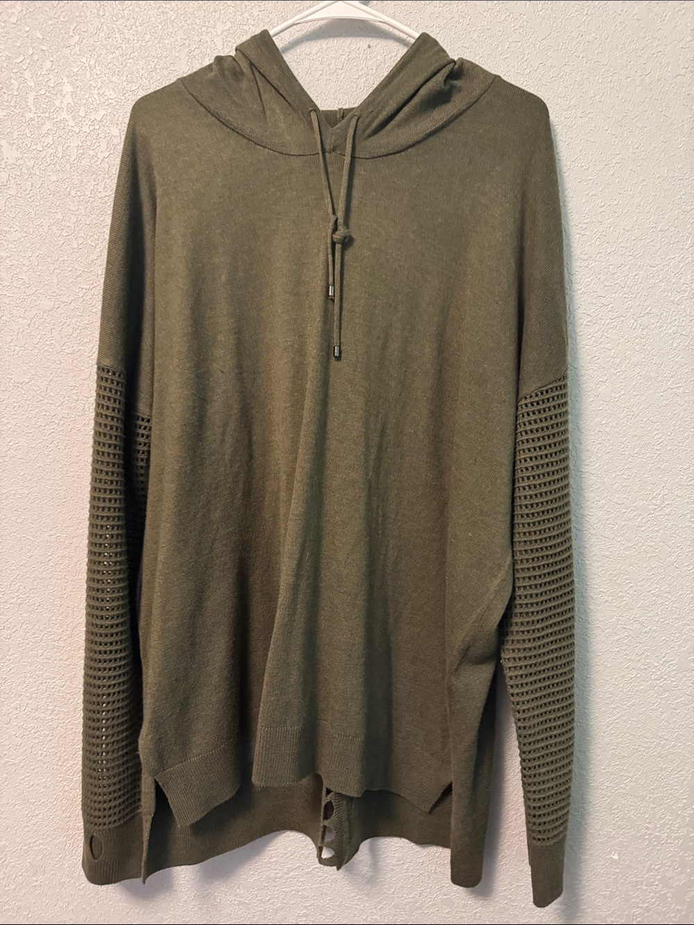 Women's Olive Crewneck Hoodie Sweater with Textured Sleeves